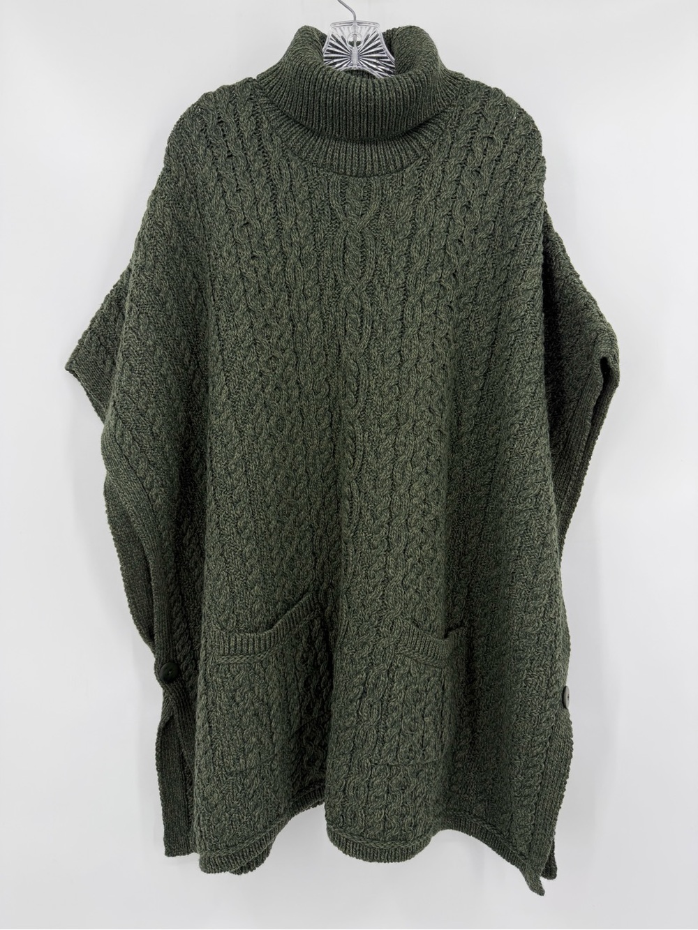 Aran Crafts Turtleneck Poncho Cape Merino Wool Green Size XL